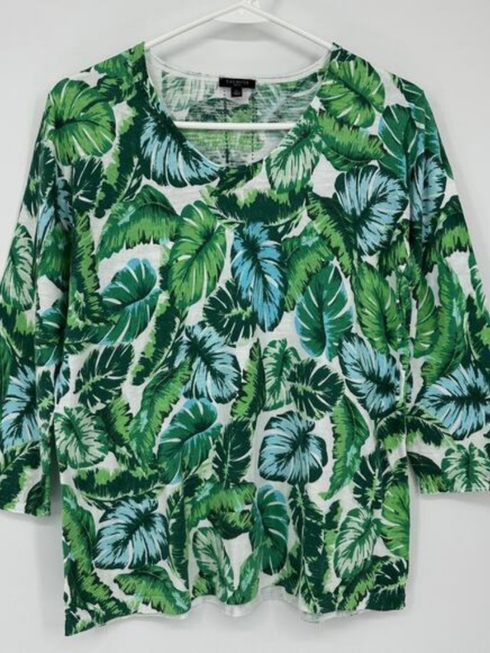Talbots Top Womens PL Green Tropical Leaf Print 3/4 Sleeve Cotton Blouse Resort